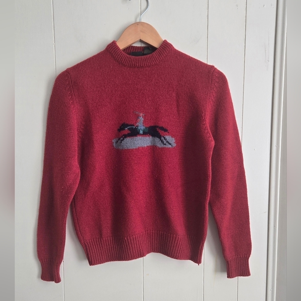 Kids Red Crewneck Sweater with Horse Design-Size L -100%WOOL